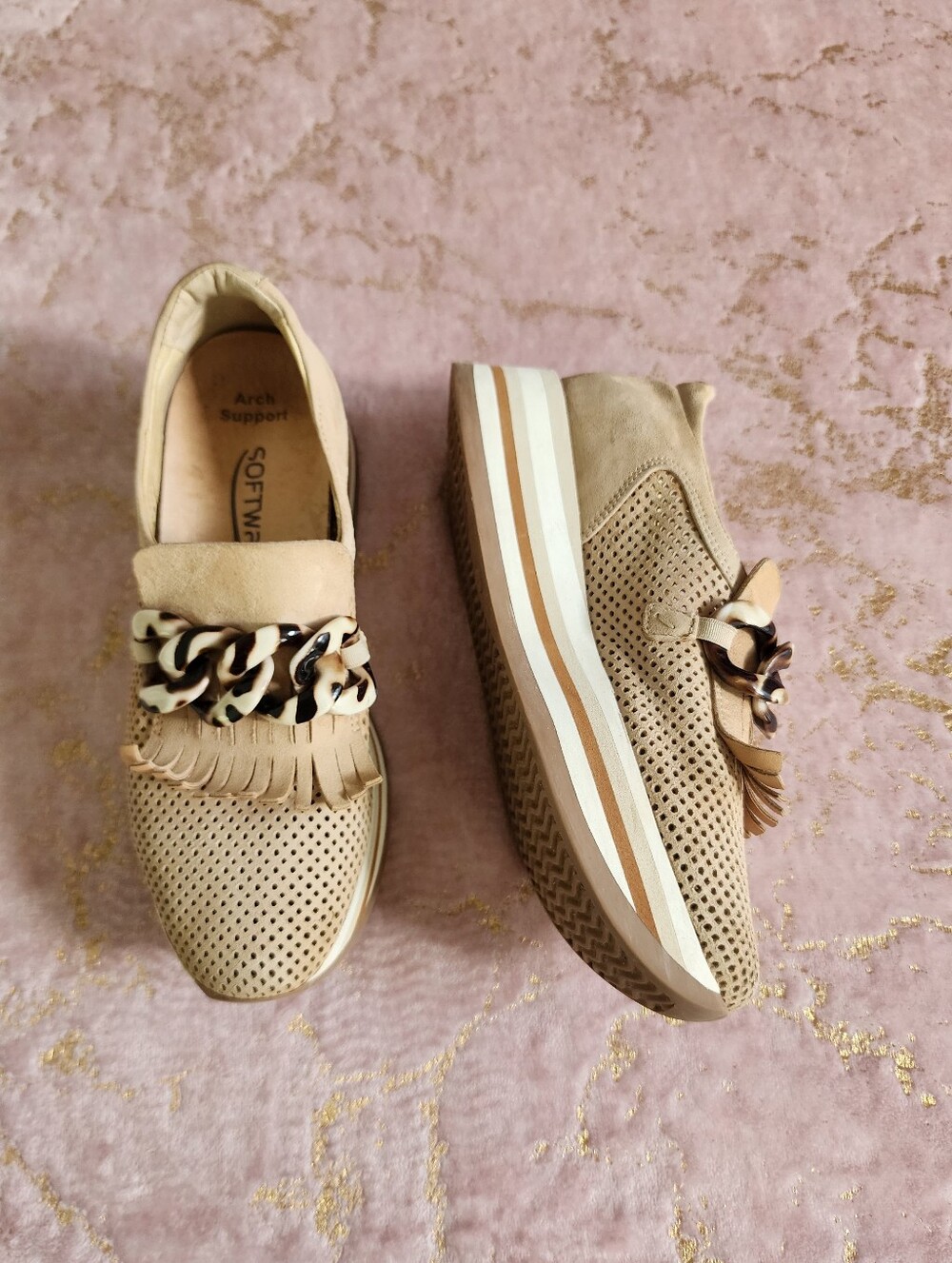 SOFTWAVES | Tan Perforated Loafers with Decorative Chain and Fringe